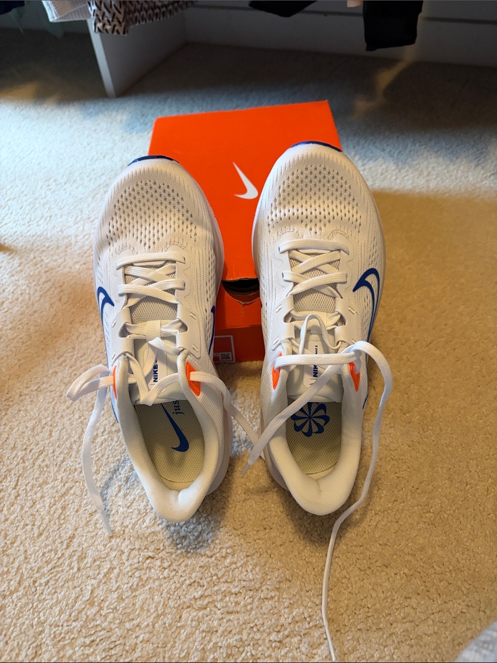 New Nike White  Sneakers with Blue Swoosh and Orange Accents